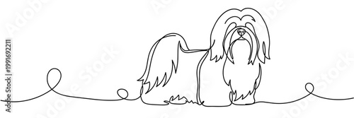 Small long haired dog sitting on continuous line drawing, none editable strokes