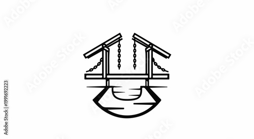 Stylized illustration of an opening drawbridge over water