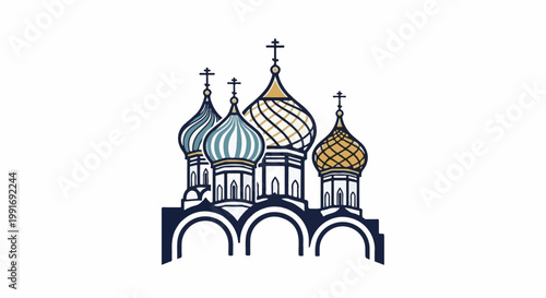 Stylized illustration of colorful domes and arched architecture on a white background