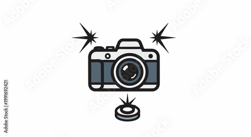Stylized camera icon with flashes and button