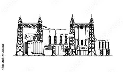 Electrical substation flat vector with switches and transformers power grid illustration