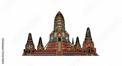 Stylized depiction of a Buddhist temple complex with intricate tiered towers and steps