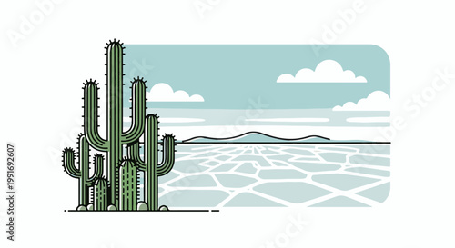 Stylized desert landscape with a cluster of saguaro cacti and cracked earth