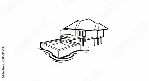 Stylized line drawing of a stilt house with a pool beside it on water