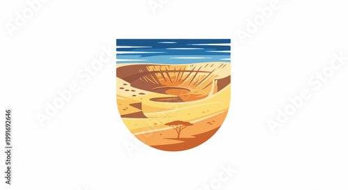 Stylized desert landscape with a crater and a lone tree under a blue sky