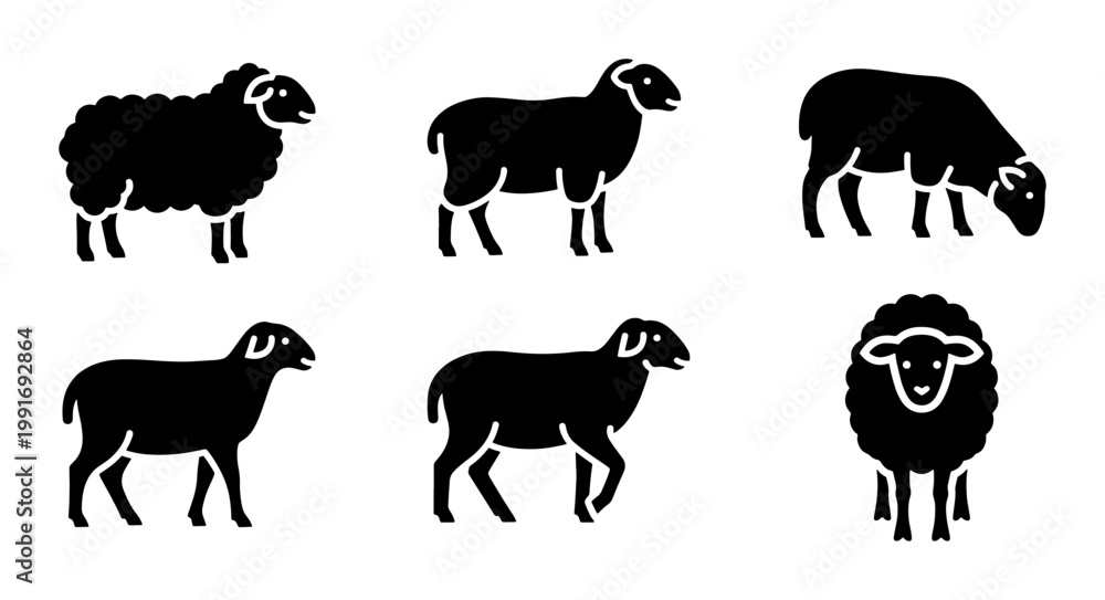 Obraz premium Sheep icon set with 6 black vector silhouettes, farm animal sheep and lamb glyph symbols, minimalist livestock woolly sheep illustrations for logo design