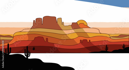Stylized desert landscape with layered mesas, cacti, and setting sun