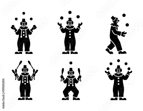 Bild auf Leinwand Circus clown juggling silhouette icons, set of 6 entertainer vector graphics, ca
