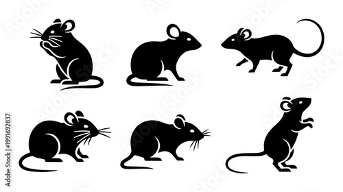Tableau sur toile Black mouse silhouette collection, set of 6 rodent vector icons, minimalist rat