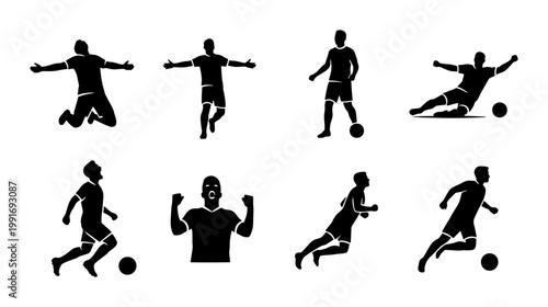 Soccer player silhouettes set, football athlete action poses collection, 8 black vector figures of men playing sport, competitive match icons