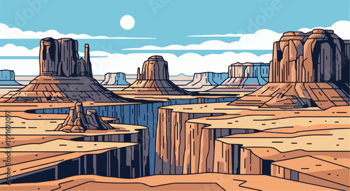 Stylized desert mesas under a cloudy sky with a bright sun