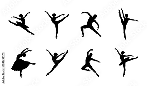 Graceful ballet dancer silhouettes set, 8 black vector icons of male and female performers, elegant classical dance poses for theater posters