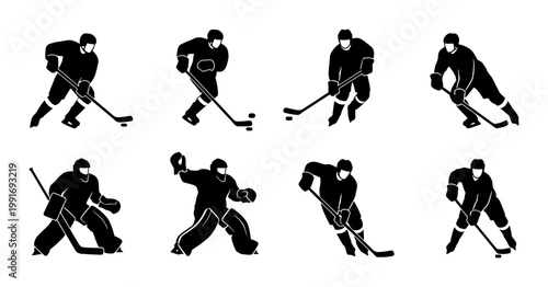 Canvas Print Ice hockey player silhouettes set, professional athlete action poses with sticks