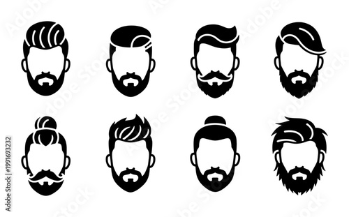 Barbershop hair and beard styles vector set, 8 male grooming icons with trendy haircuts and facial hair, minimalist black and white man head silhouettes