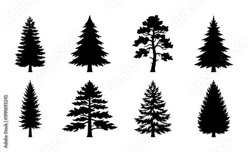 Black pine tree silhouettes, set of 8 evergreen conifer vector icons, minimalist forest fir and spruce shapes for outdoor landscape design