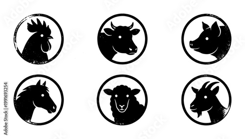 Vintage farm animal silhouettes, rustic livestock head icons in circles, set of 6 black distressed stamps for butcher shop and organic farming labels