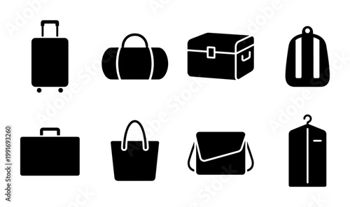 Travel luggage icon set, black silhouette baggage and suitcase vector collection, 8 travel bag symbols for tourism and logistics