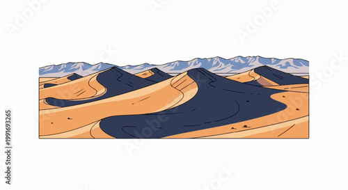 Stylized desert landscape with rolling sand dunes and distant mountains