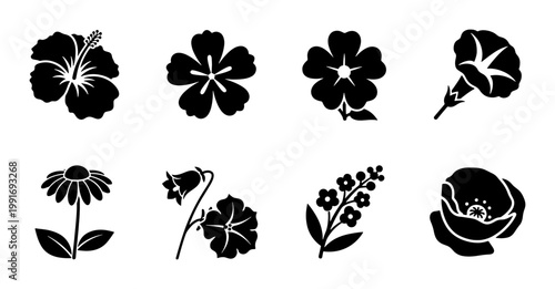 Black floral silhouette icons, set of 8 botanical flower vector illustrations, minimalist garden blossom symbols for logo design and branding