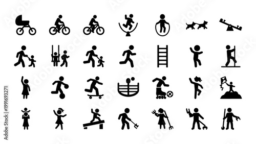 Minimalist playground icons set, 28 black stick figure pictograms of children playing, outdoor park activities and kids sports vector collection
