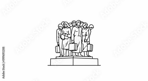 Stylized line drawing of figures with luggage on a pedestal