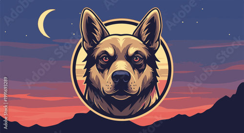 Stylized dog portrait against a pixelated sunset sky