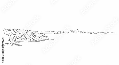 Stylized line drawing of a wooded coastline meeting a city skyline across water