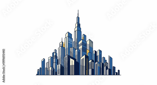 Stylized, colorful abstract cityscape illustration of tall, modern buildings