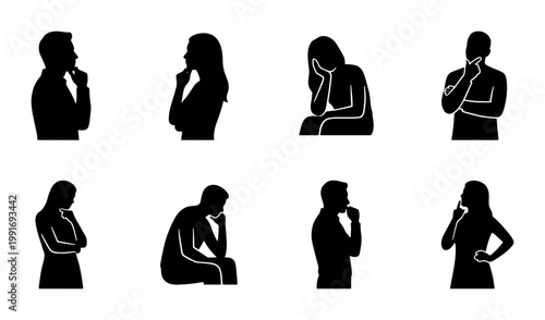 Thinking people silhouettes collection, set of 8 black vector icons of men and women in pensive poses, thoughtful characters reflecting and pondering