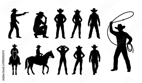 Wild West cowboy silhouettes set, western outlaw and cowgirl character collection, 11 black vector icons of horse riders and gunfighters
