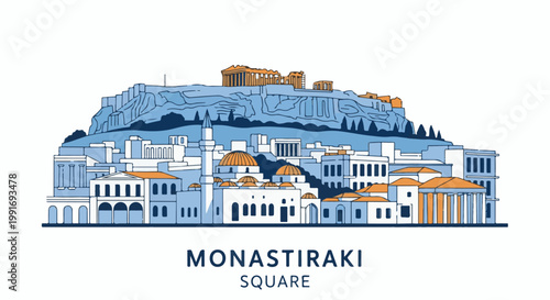 Stylized illustration of a cityscape with ancient ruins atop a hill