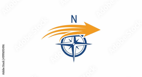 Stylized compass rose with an orange arrow pointing east