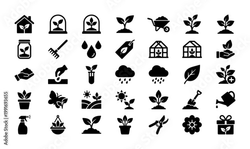 Gardening and agriculture icon set with 35 black solid symbols, farming and plant growth vector elements, botanical seedling and garden tool icons