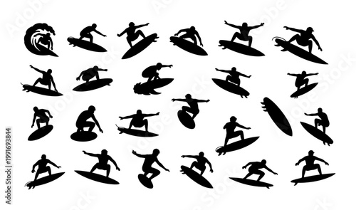 Surfer silhouette collection, 24 surfing vector icons. Extreme water sports athletes on surfboards, black summer beach activity graphics for design