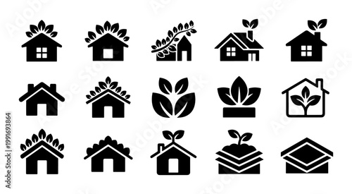 Eco friendly house icons set, 15 green home vector symbols, sustainable building and organic living signs, black minimalist architecture silhouettes