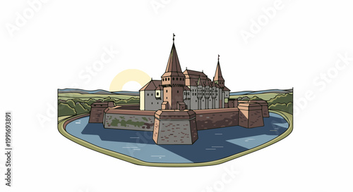 Stylized illustration of a medieval castle surrounded by water and greenery under a gentle sunrise