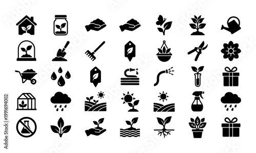 Gardening and agriculture icon set, 35 black solid vector symbols for farming and horticulture, organic plant growth and landscaping tools collection