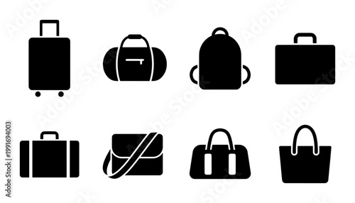 Vászonkép Travel luggage and bag icons set, 8 black silhouette vector elements, minimalist