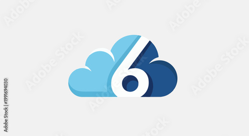 Stylized numeral six integrated into a cloud graphic with varying shades of blue