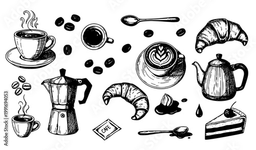 Assorted breakfast pastries and coffee preparation tools in a black and white illustration