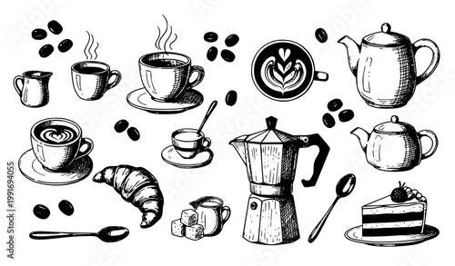 Assorted breakfast items and coffee making tools in a vintage illustration style