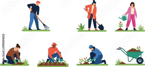 Gardening activities set with people raking digging planting and watering plants cartoon vector illustration