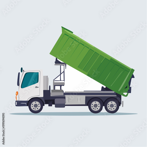 Green Tipper Truck with Raised Bed, Flat Illustration