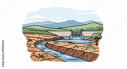 Stylized illustration of a concrete dam with water flowing through a canal to green hills