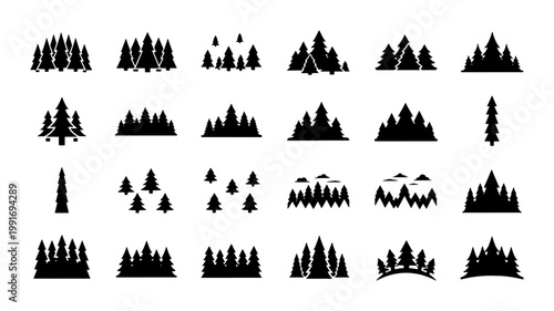 Minimalist pine forest silhouettes, 24 evergreen tree collection vector, black conifer woods icons for outdoor adventure and nature branding