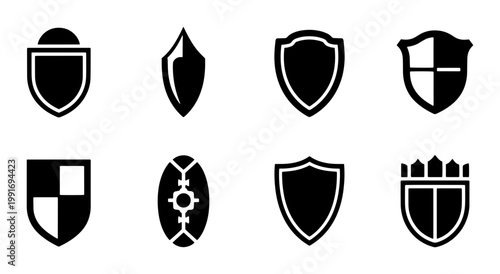 Minimalist shield icon set, black heraldic crest silhouettes, 8 security and protection vector symbols for logo design and web interface