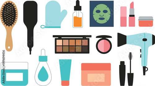 Beauty and skincare products set with makeup tools cosmetics and personal care items cartoon vector illustration