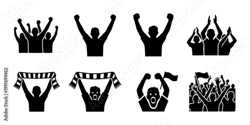 Cheering fans silhouette icons, sports crowd celebrating with scarves and flags, 8 vector people elements for stadium and concert events
