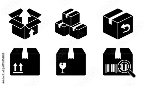 Logistics shipping box icons set, black delivery package vector symbols, 6 cardboard parcel illustrations for ecommerce and warehouse supply chain
