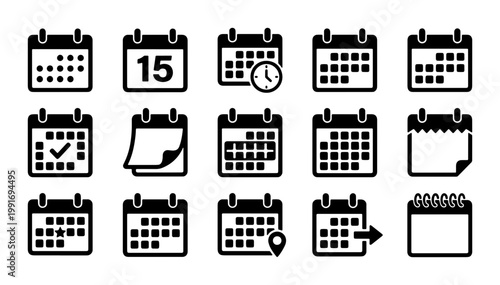 Minimalist calendar icon set, black and white schedule symbols, collection of 15 vector planning elements for business organization and event management